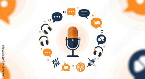 Retro microphone encircled by communication elements, ideal for podcast visuals, promoting digital