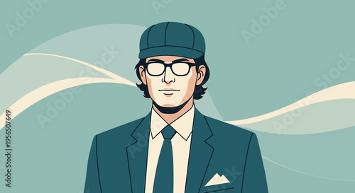 Retro styled illustration of a professional man with hat wearing glasses in jacket against calm