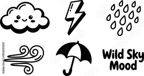 Line art icons cloud lightning rain wind umbrella wild sky mood doodles