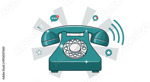 Retro phone concept with notification bubbles and outgoing ringing signal illustration