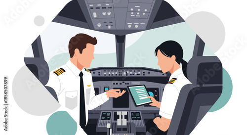 Professional aviation crew working in cockpit conducting preflight checklist review collaboratively