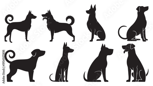 Alert sitting and standing dog silhouettes guarding pose. vector illustration eps 10