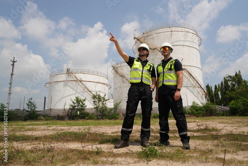  team of inspection workers, including a foreman in uniform and helmet, and engineers, are discussing and planning an inspection of maintenance work at an oil refinery and petrochemical plant.