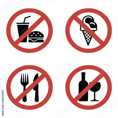 Icons for restricted dining and beverages on transparent grid background showing no burgers ice cream snacks or alcoholic drinks