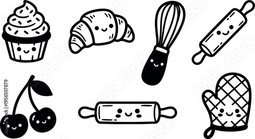 Line art cute baking doodles with cupcake croissant whisk and rolling pin