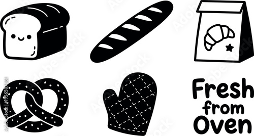 Vector line art bread icons and pastries collection with loaf baguette croissant pretzel and oven mitt