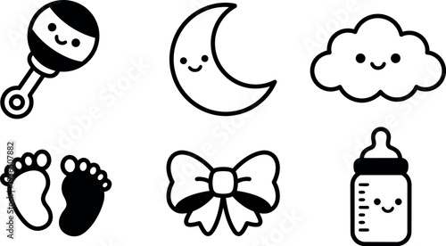 Cute baby icons set with rattle moon cloud feet bow bottle in vector style