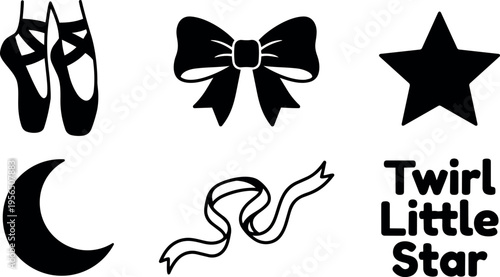 Vector art icons ballet shoes bow star crescent moon ribbon text twirl little star