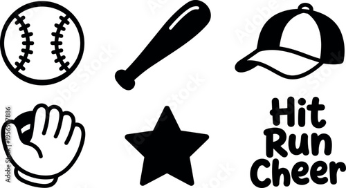 Baseball icon set with bat cap glove star and hit run cheer text