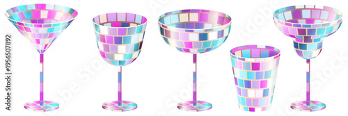 Vector cocktail glasses set with disco ball neon texture. Party design elements nightlife poster, invitation, bar menu