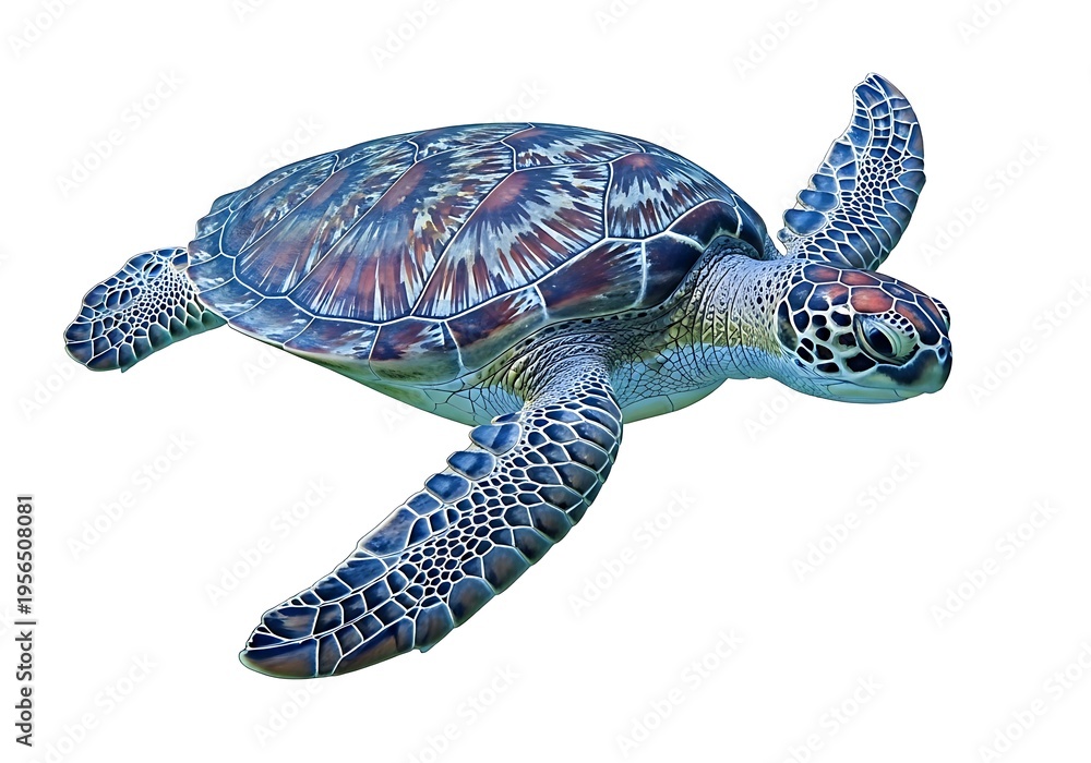 Fototapeta premium Vibrant sea turtle swimming isolated on white background with colorful shell