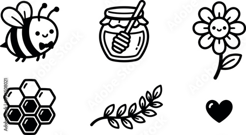 Line art icons of bee honey jar flower honeycomb leaves with heart motif