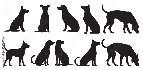 Sitting dog profile silhouettes in alert poses set. vector illustration eps 10