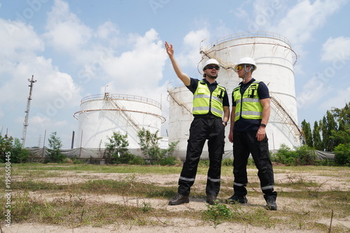  team of inspection workers, including a foreman in uniform and helmet, and engineers, are discussing and planning an inspection of maintenance work at an oil refinery and petrochemical plant.