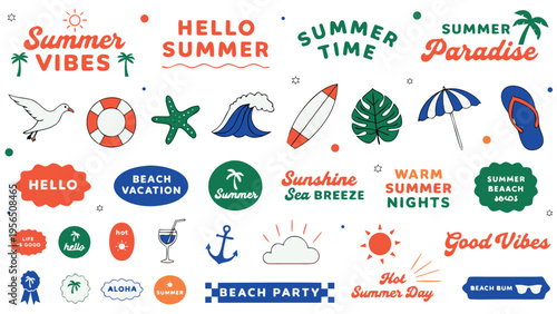Set of 25 summer icons and phrases vector