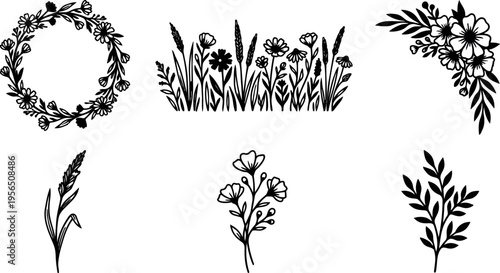 Floral vector silhouettes with wreaths and meadow grasses for decorative borders