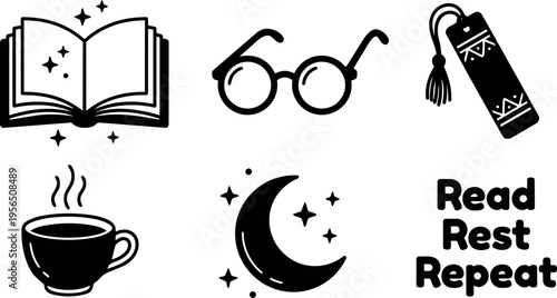 Vector art line icons of reading set with book glasses bookmark coffee moon and read rest repeat
