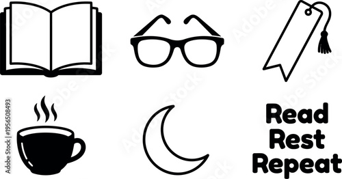 Reading themed icon set with book glasses mug moon and read rest repeat motif