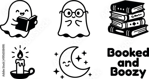 Halloween line art ghosts reading books candle moon and boozy sign