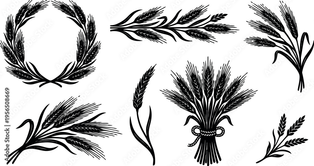 Obraz premium Black and white laurel wreath and wheat bundles vector line art collection