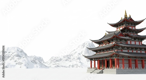 雪を冠した壮大な山々を背景にそびえ立つ東洋の伝統的な美しい多層寺院 鮮やかな色彩の屋根や柱が純白の雪景色に力強く際立ち 静寂な冬の朝の光がその神聖な雰囲気を穏やかに照らし出す. AI Generated