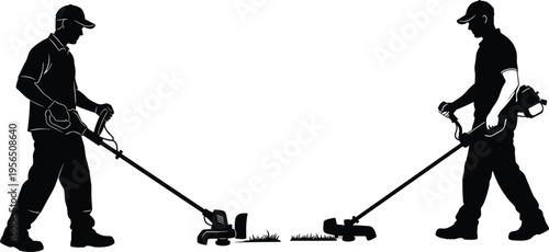 lawn mowing silhouette illustration, gardener cutting grass, landscaping maintenance work, yard care service, professional worker, outdoor activity, black and white design