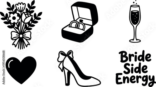 Vector art wedding icons bouquet ring box champagne glass heart shoe heel bride side energy