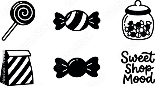 Vector candy icons including lollipop candy jar and sweets