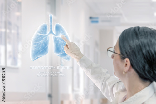 doctor interacting with holographic lungs interface representing respiratory system analysis, digital healthcare and medical technology