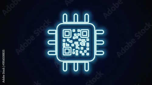 Futuristic neon blue glowing QR code embedded in a stylized computer chip icon, symbolizing advanced digital technology, data processing, and modern connectivity.
