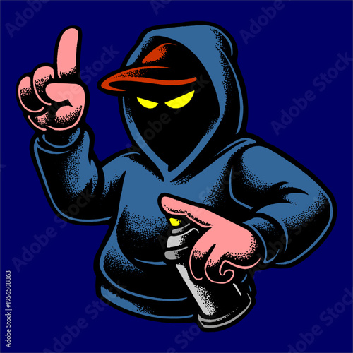 Funky Blue Graffiti Character Mascot with Spray Can and Pointing Hand Gesture for Streetwear.