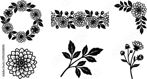Floral vector line art wreaths and leaves with blossoms and stems