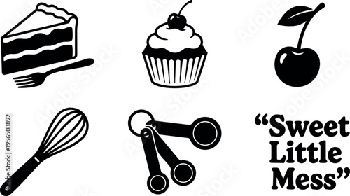 Vector line icons cake slice cupcake cherry whisk and text sweet little mess black and white set