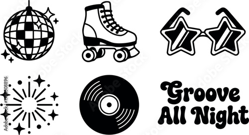 Retro disco vibe with roller skate, star glasses and vinyl groove all night
