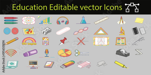 Collection of editable vector icons representing education and learning concepts with school supplies