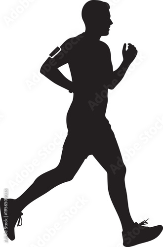 Black silhouette vector of a man running with an armband phone holder, ideal for fitness and sports designs