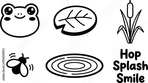 Vector line art icons frog leaf cattail bee ripple hop splash smile