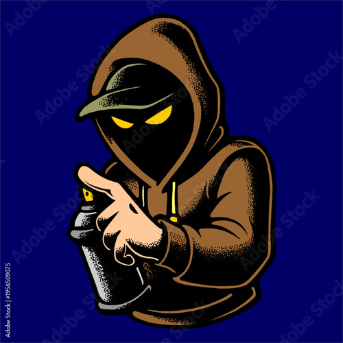 Urban Graffiti Artist Character Wearing Brown Hoodie and Mask Holding Spray Can for Street Art.