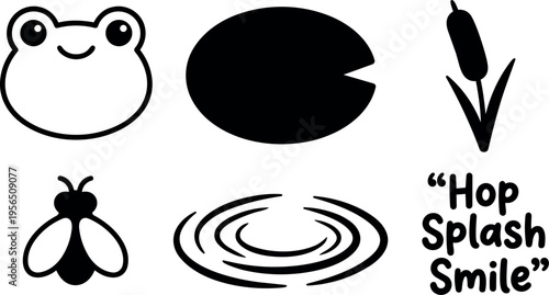 Vector icons collage featuring frog face pac man shape corn stalk bee whirl and smile text