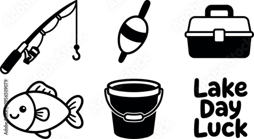 Fishing rod reel and bucket by lake with bobber and fish