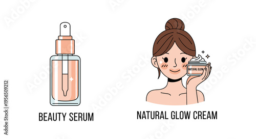 Skincare products for natural glow in flat illustration style with pastel colors in minimalist format for beauty marketing