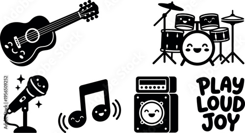 Vector art collage of guitar drums microphone notes and speaker