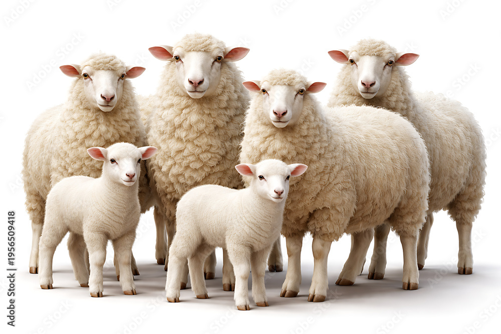 Fototapeta premium Flock Of Cute White Sheep And Little Lambs Standing Together Isolated