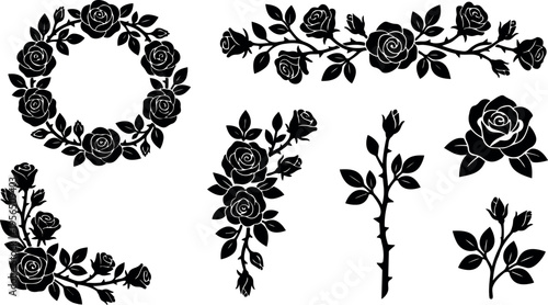 Vector line art roses border and floral stems collection for decorative designs