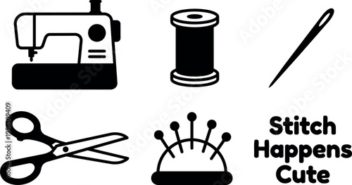 Sewing tools and pin cushion with stitch happens cute