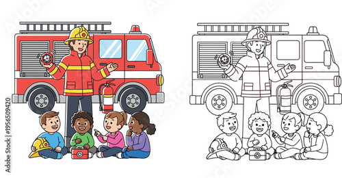 Female Firefighter Teaching Fire Safety to Children with Fire Truck Illustration, Colored and Line Art Version for Kids Coloring Page Activities