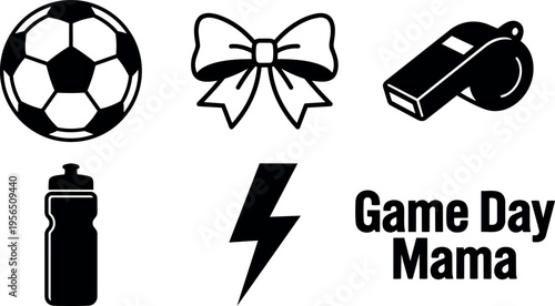 Vector line art gameday mama icons soccer ball bow whistle water bottle lightning bolt
