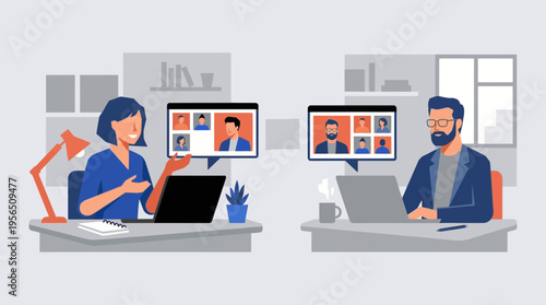 Business team collaborating remotely with laptops in modern office setting