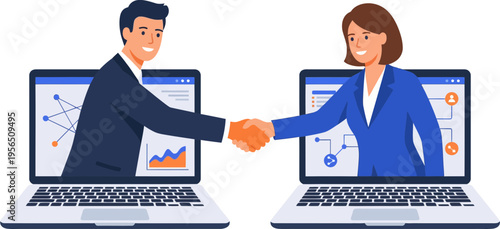 Business professionals shaking hands over laptops in modern office setting