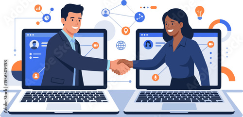 Business professionals shaking hands over laptops in virtual meeting